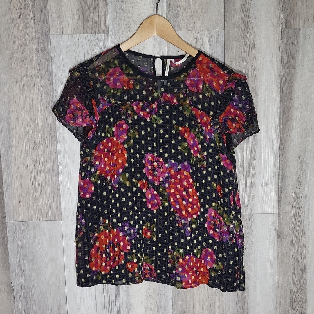 by Anthropologie‎ Size 10 Sheer Foral Overlay Blouse Flutter Metallic Lined Boho